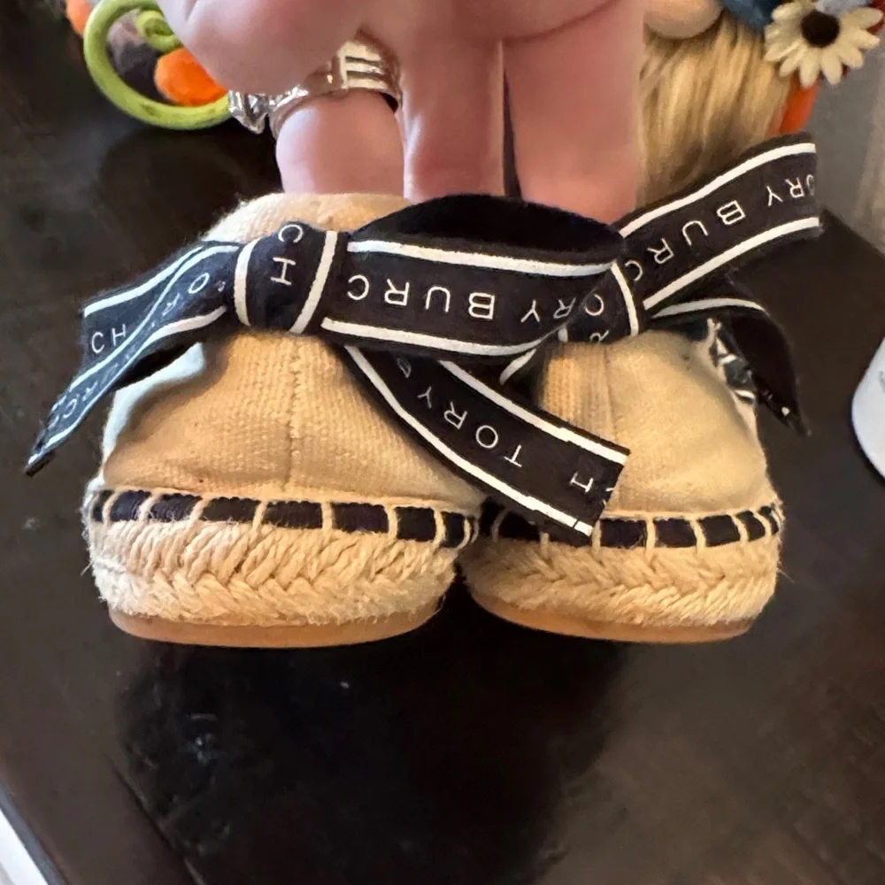 Tory Burch Cream Espadrilles with Black Logo Trim